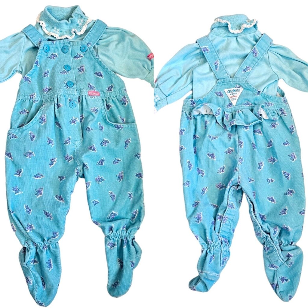Vtg Oshkosh Baby Girl 3 6 Months Blue Corduroy Vestback Bibs Overalls Set Usa